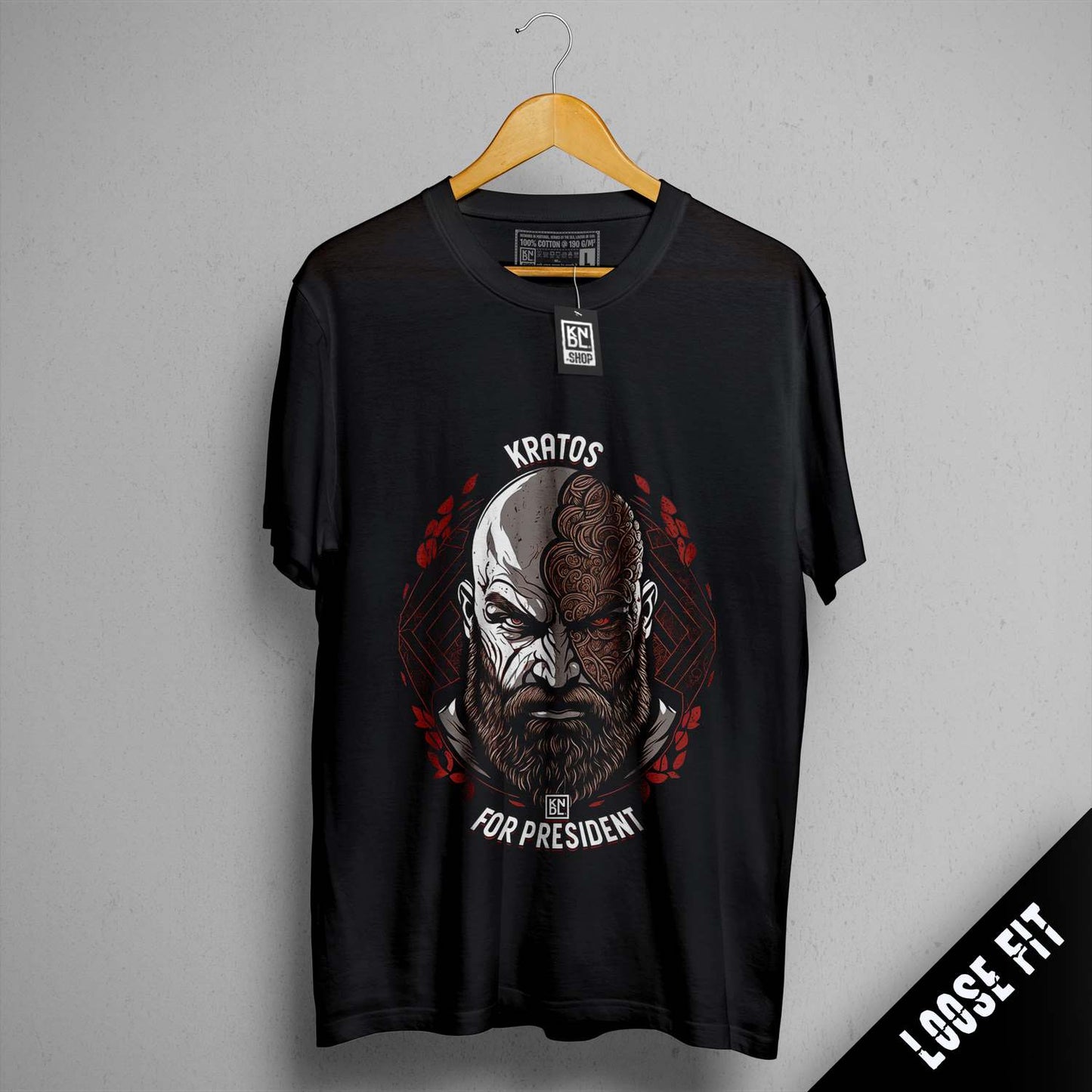 a black shirt with a picture of a bearded man