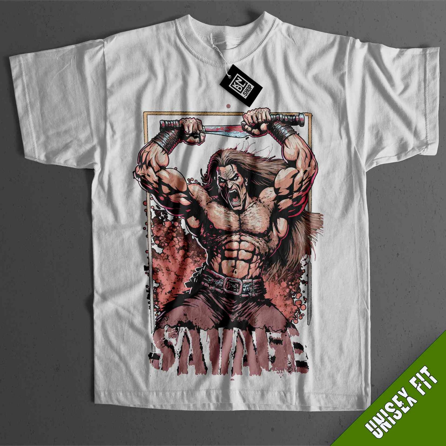 a white shirt with a drawing of a man holding a sword