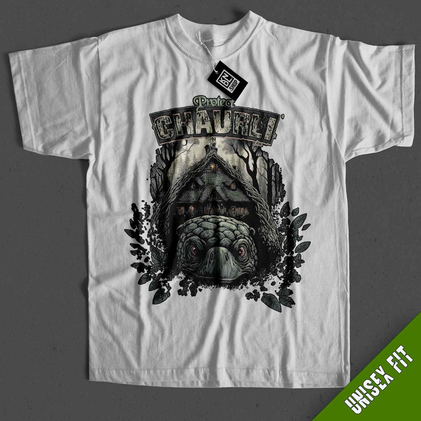a white t - shirt with an image of a dog on it