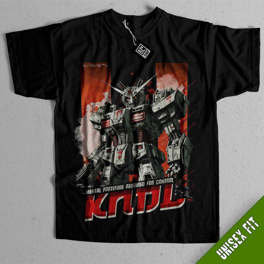 a black shirt with a picture of a robot on it