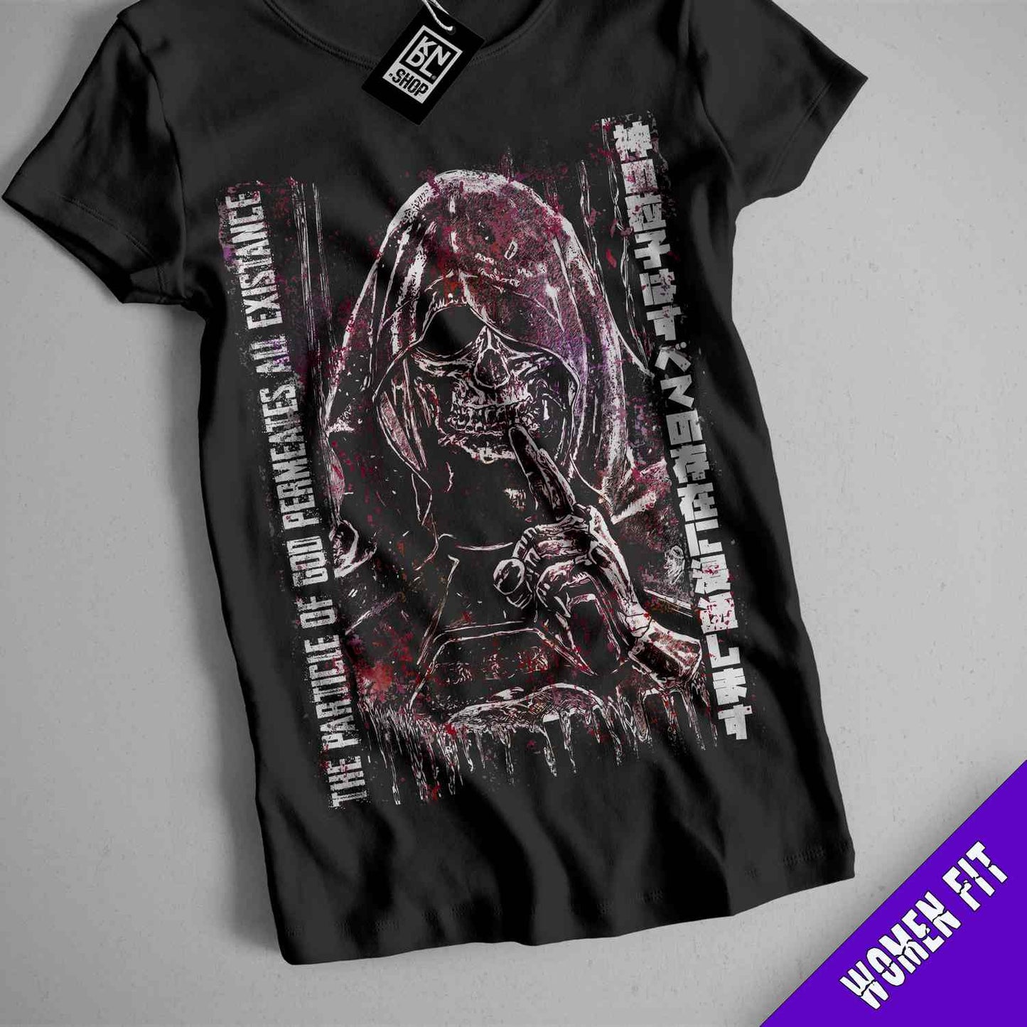 a black shirt with a picture of a skeleton holding a knife