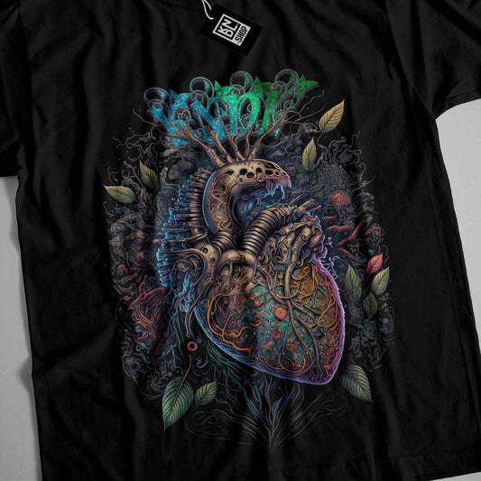 a black t - shirt with a drawing of a human heart