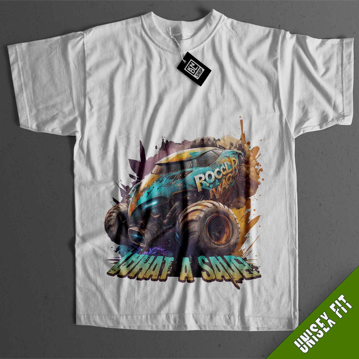 a white t - shirt with an image of a monster truck
