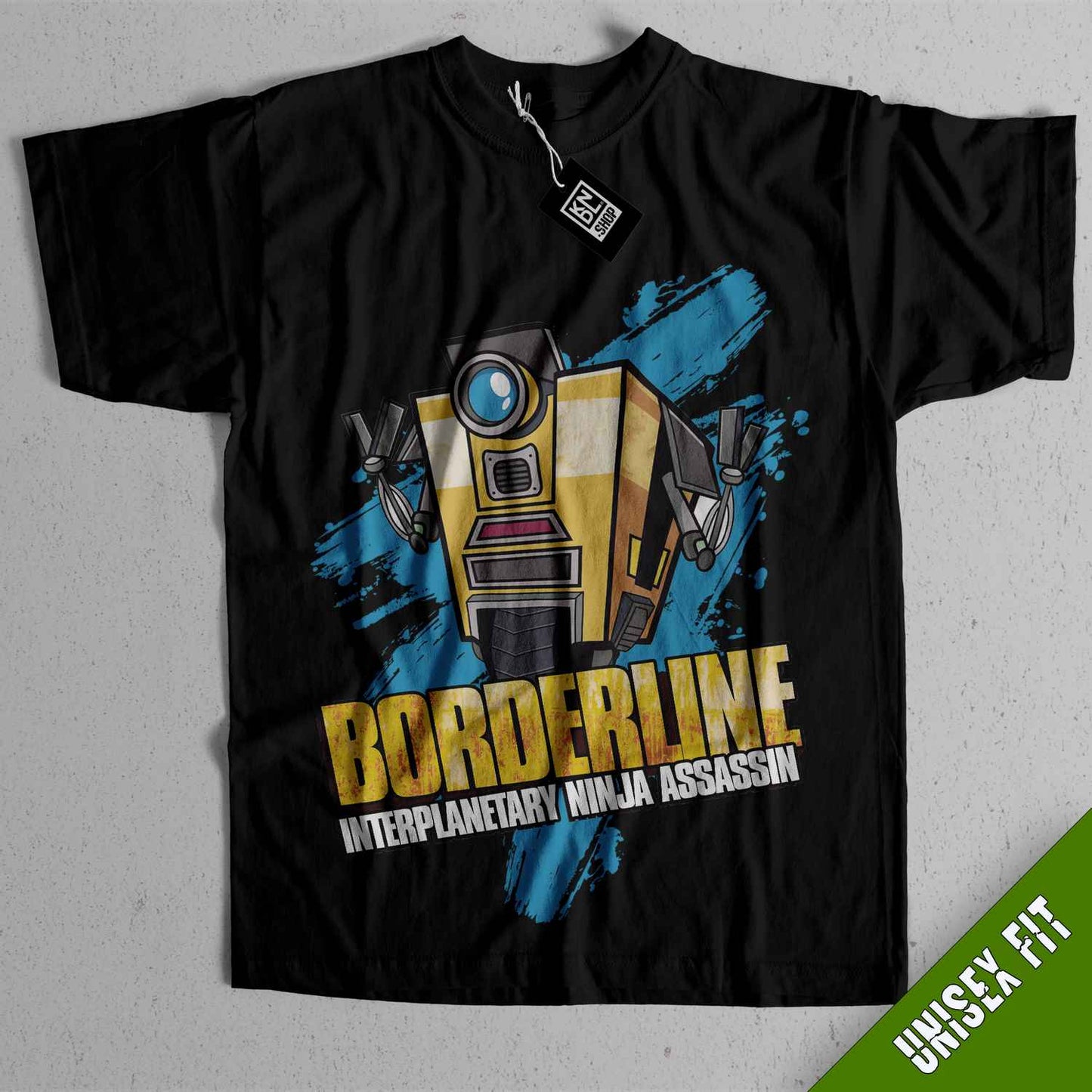 a black t - shirt with an image of a robot on it