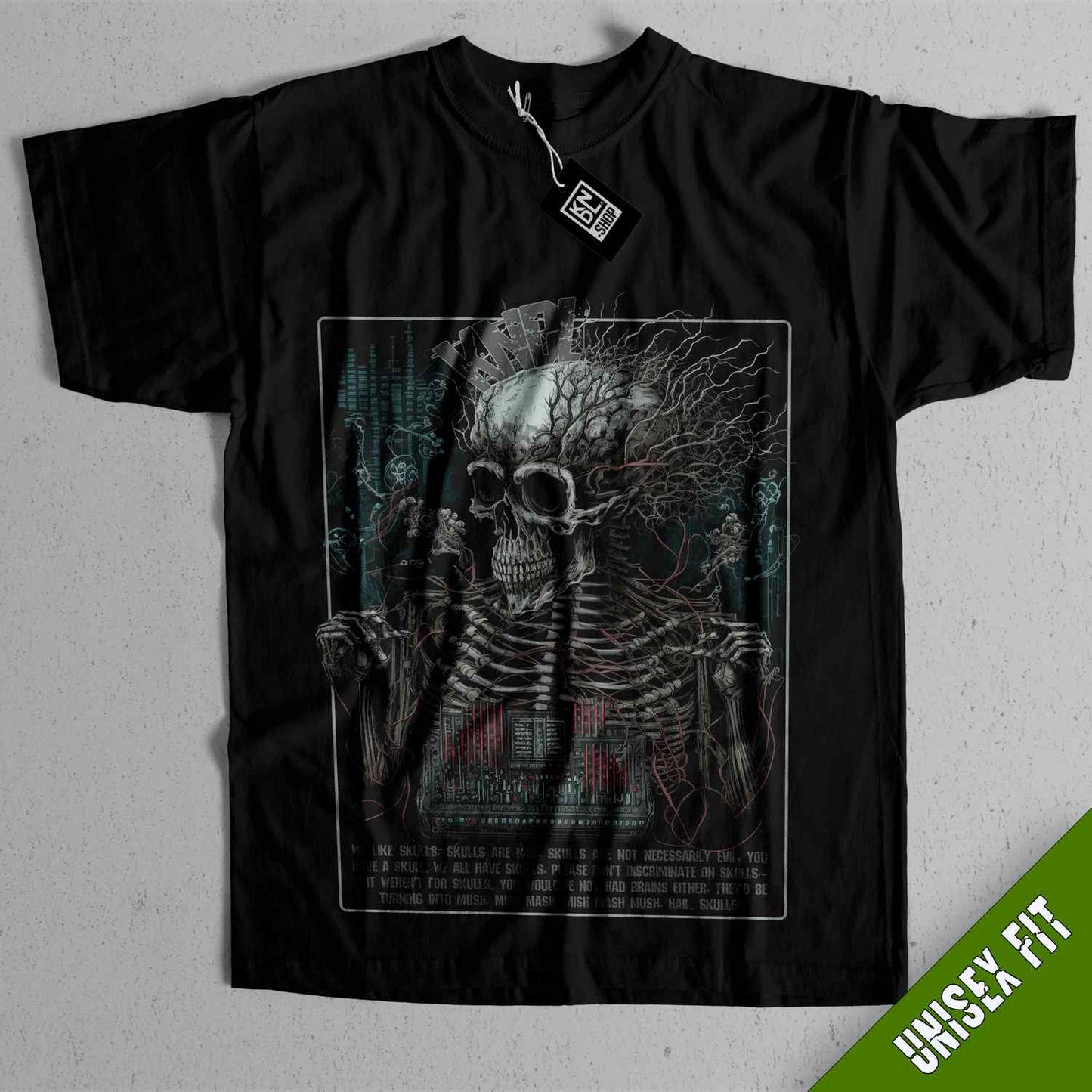 a black shirt with a skeleton on it