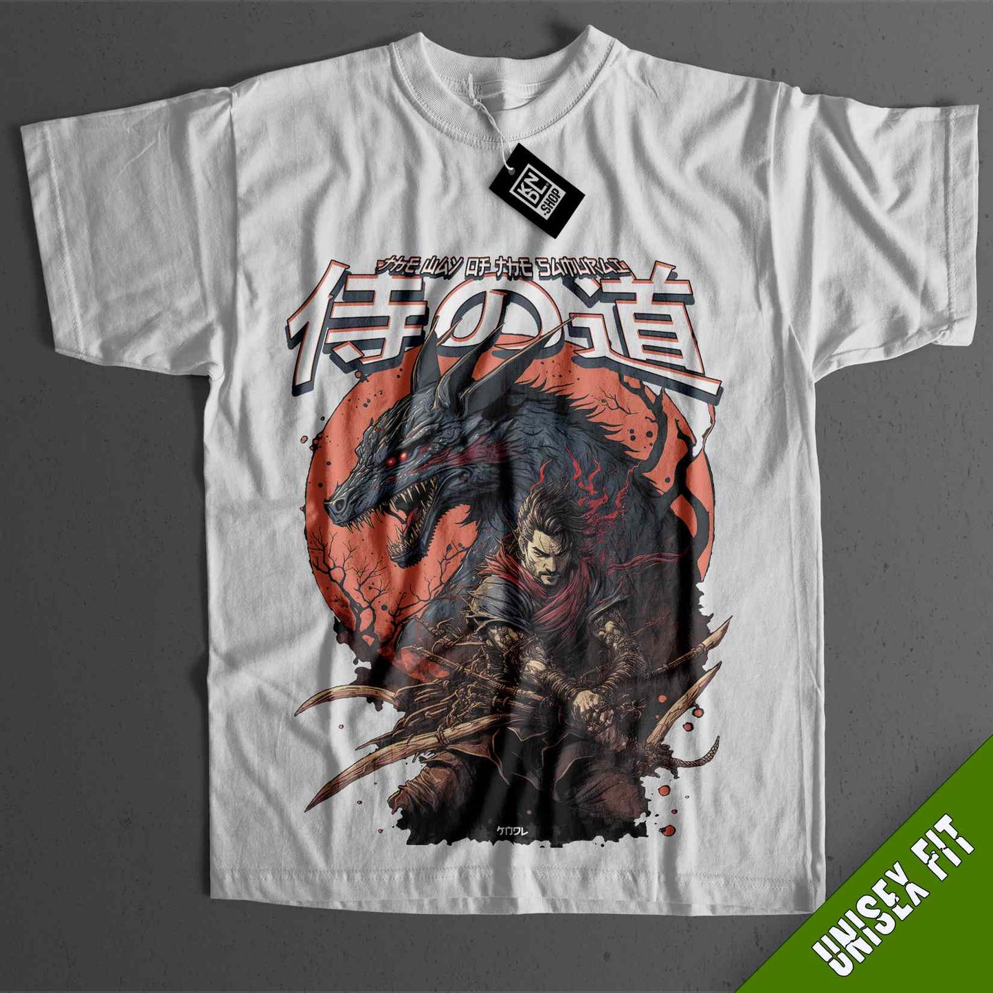 a white t - shirt with an image of a man riding a horse