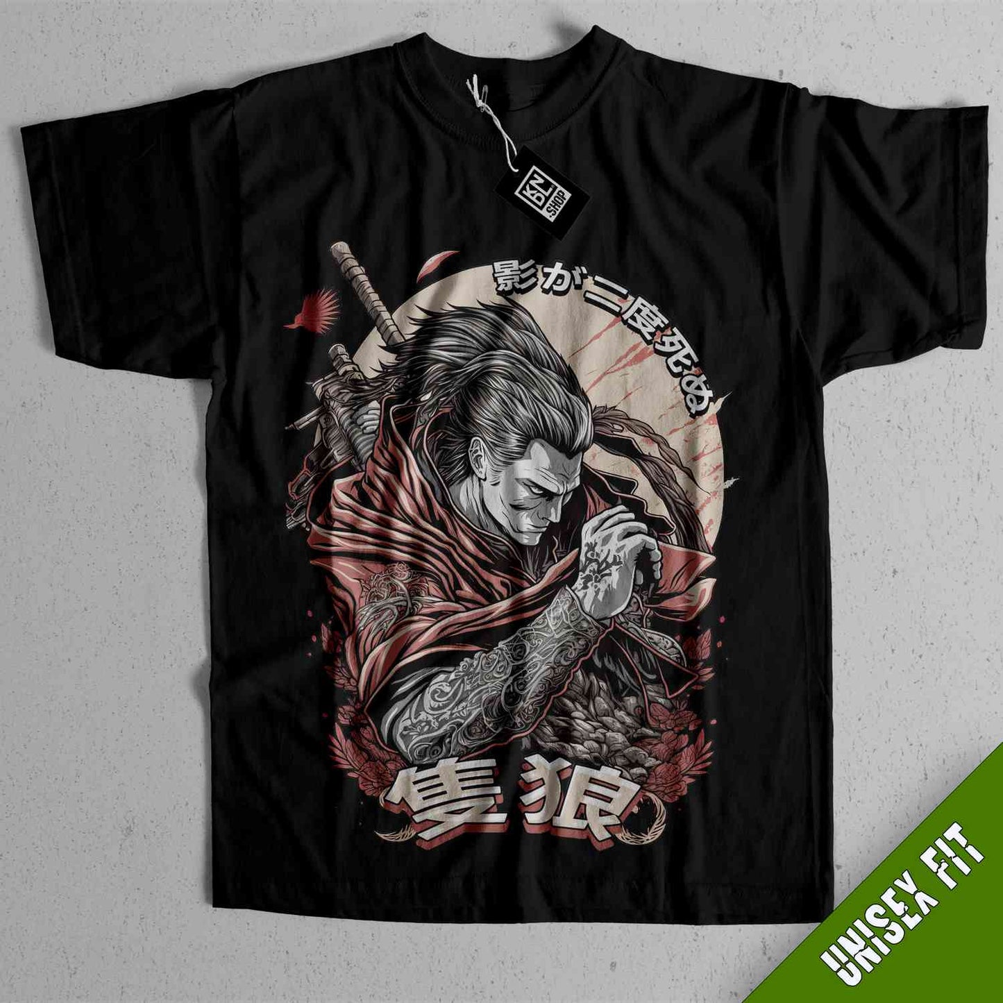 a black shirt with a picture of a man holding a sword