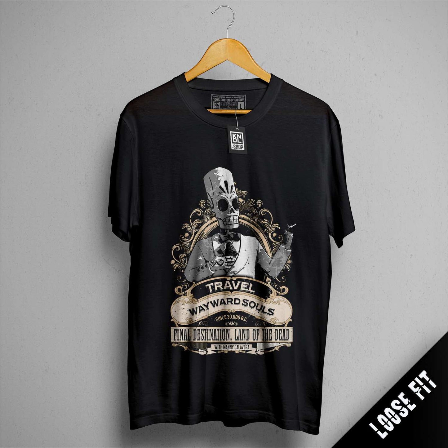a black t - shirt with a picture of a skeleton on it