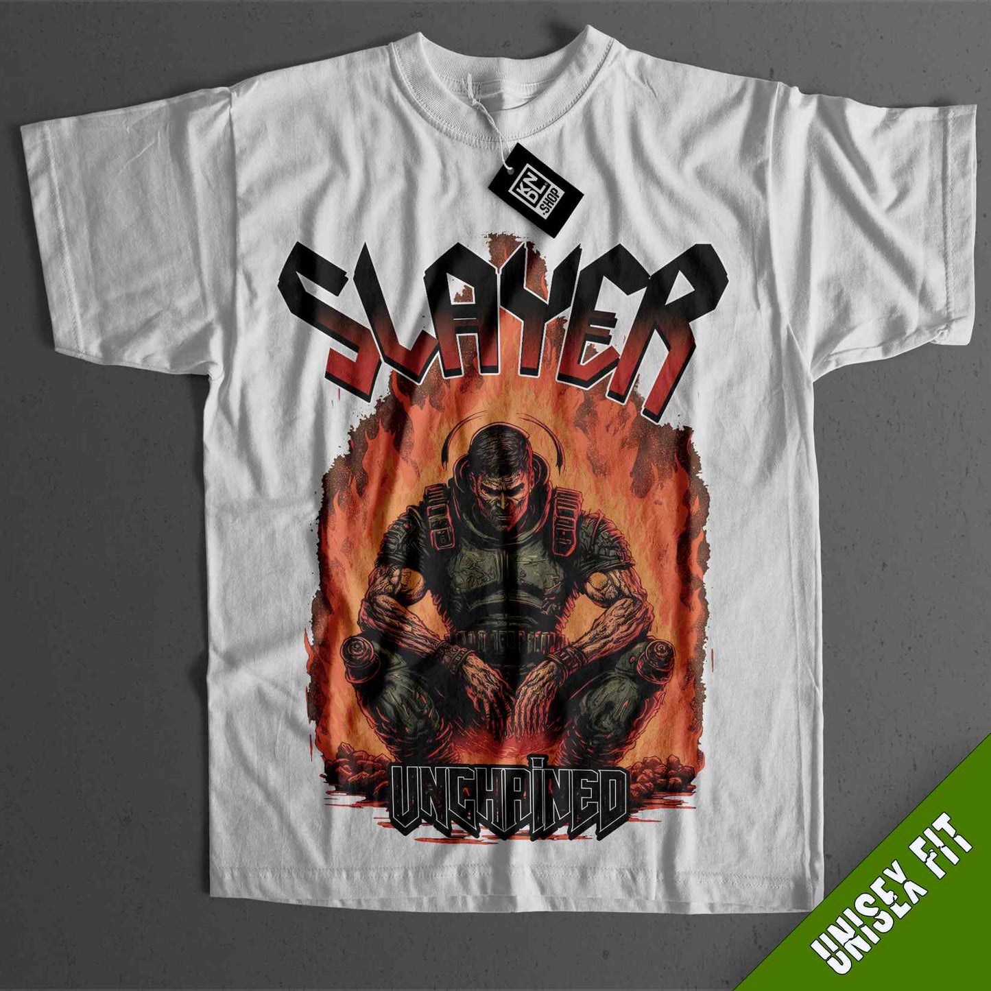 a white t - shirt with an image of a man on fire