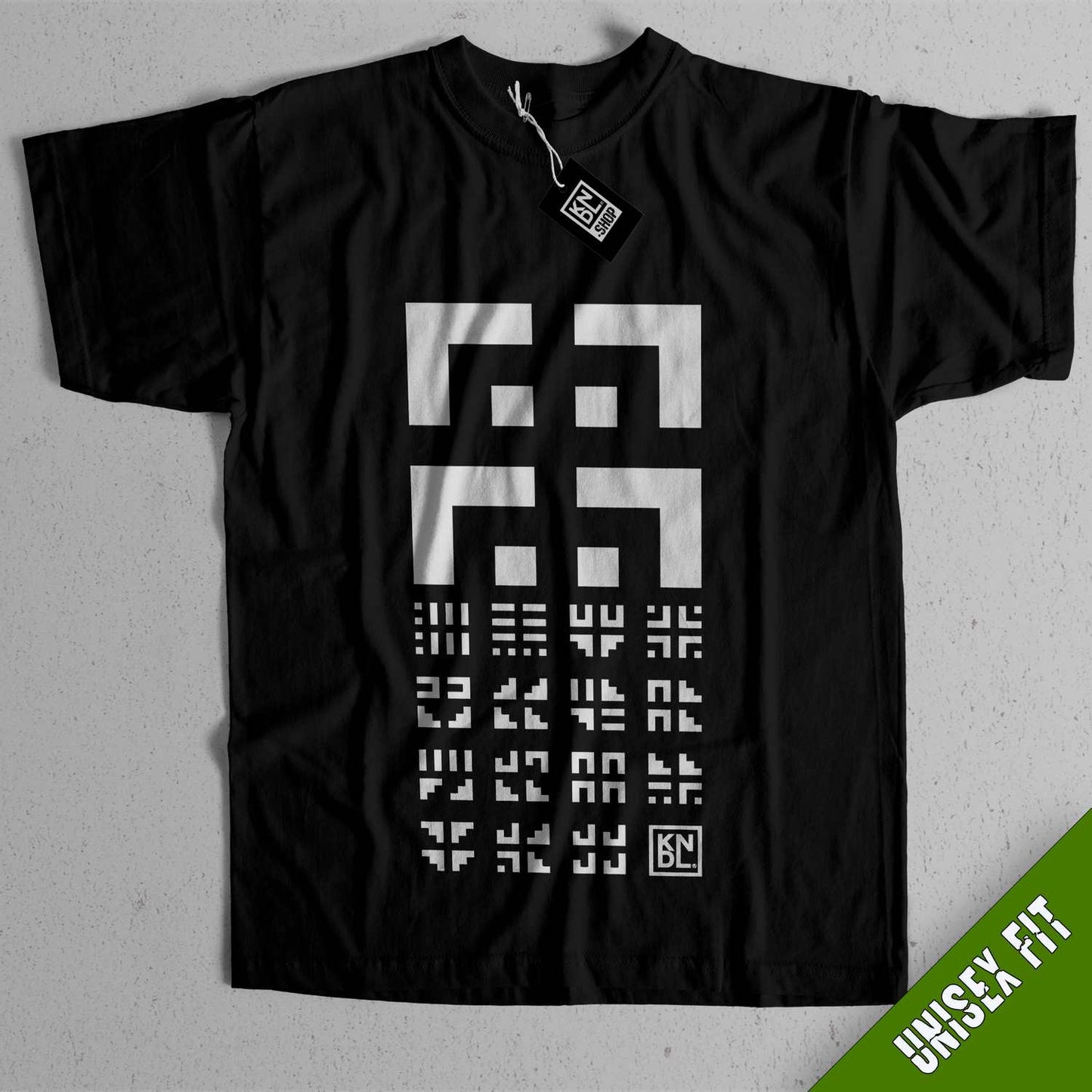 a black t - shirt with white letters and numbers on it