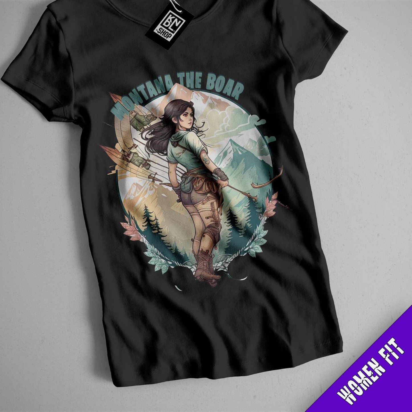 a women's black shirt with a graphic of a girl with a bow and