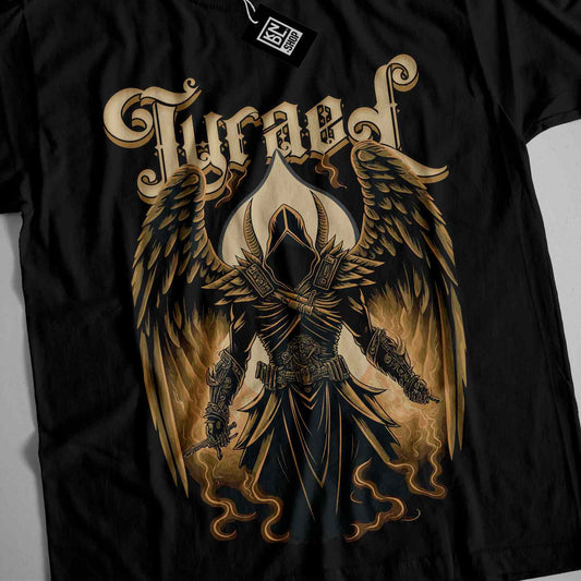 a black t - shirt with an image of a demon with wings