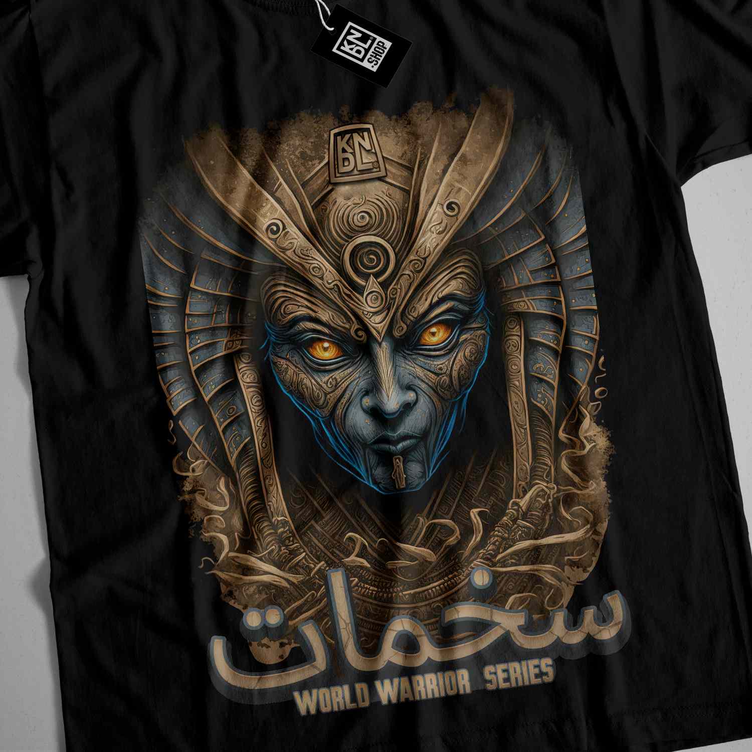 a black t - shirt with a picture of an egyptian warrior