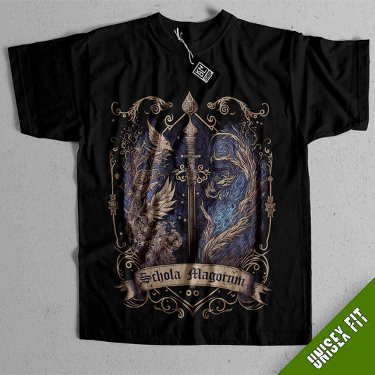 a black t - shirt with an image of a sword and a dragon on it