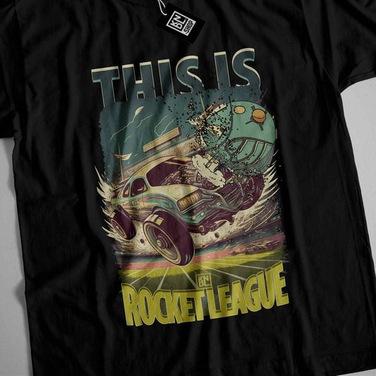a black t - shirt with an image of a rocket league car