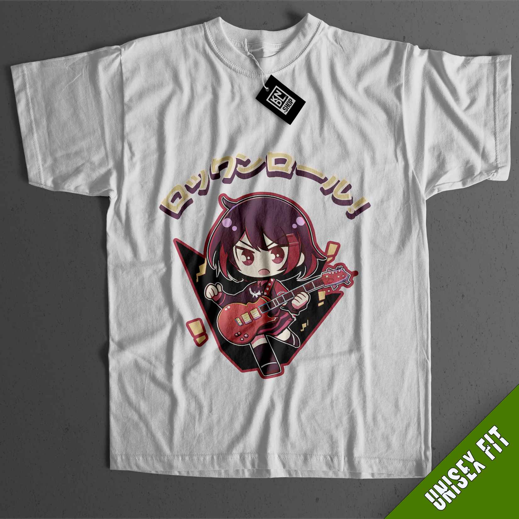 a t - shirt with an image of a girl playing a guitar