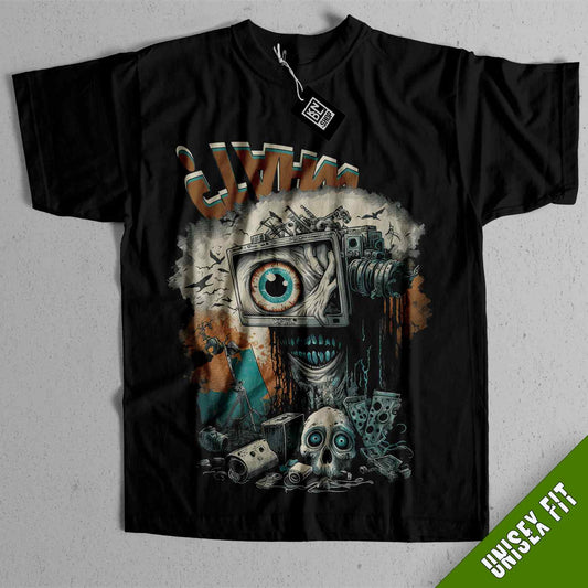 a black t - shirt with an image of a camera and a skull