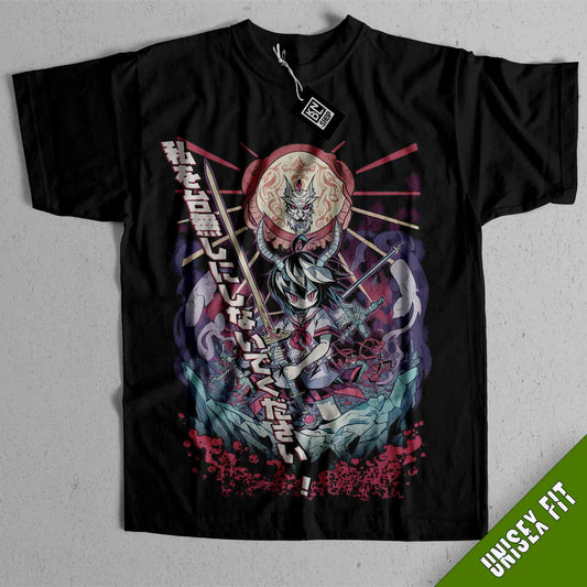 a black t - shirt with a picture of a skeleton holding two swords