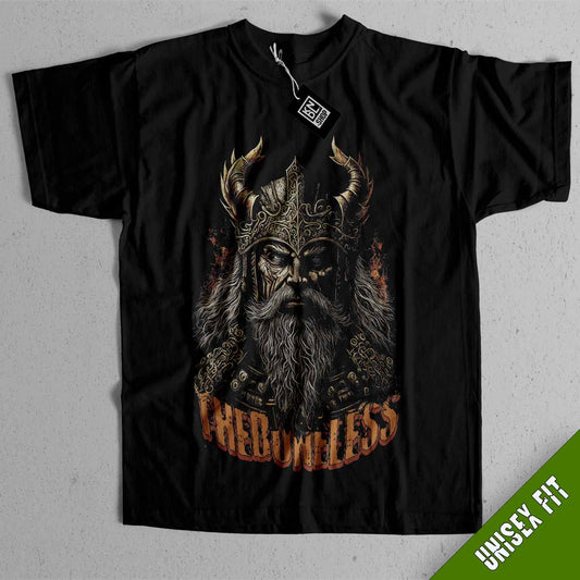 a black t - shirt with an image of a viking with horns on it