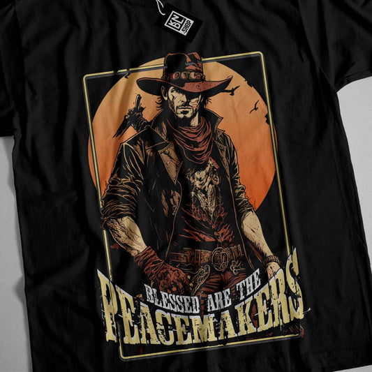 a black t - shirt with a picture of a man wearing a cowboy hat and