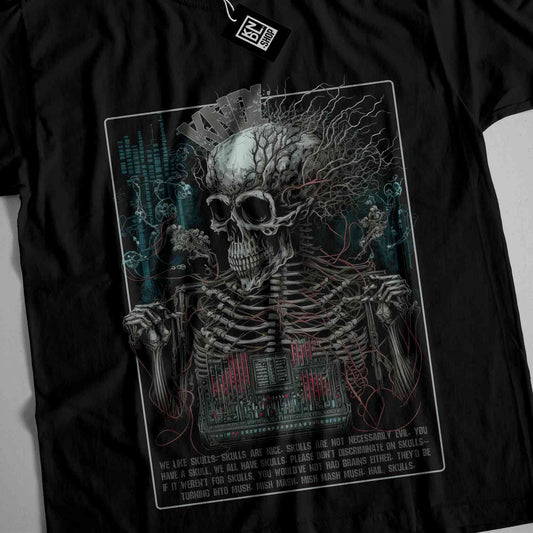 a black shirt with a skeleton on it