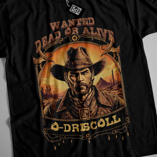 a black t - shirt with a picture of a man wearing a cowboy hat