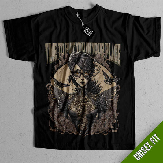 a black t - shirt with an image of a woman holding a gun