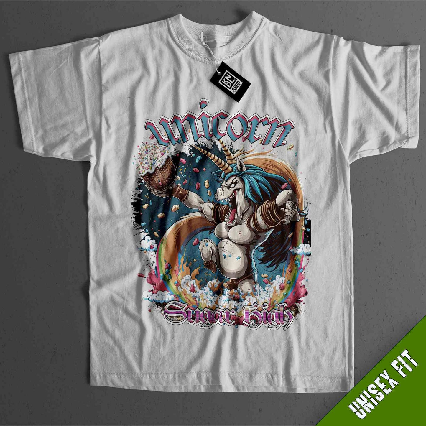 a white t - shirt with a unicorn on it