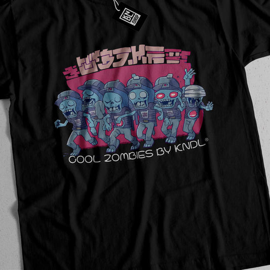 a black t - shirt with a group of zombies on it