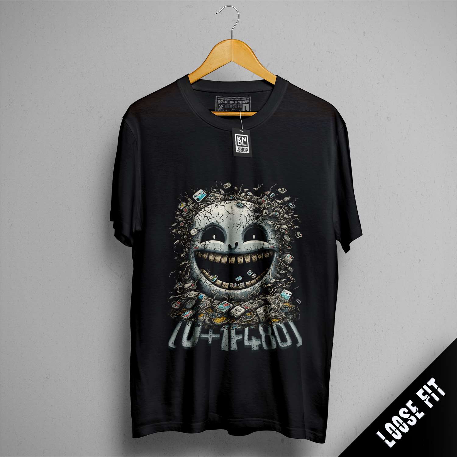 a black t - shirt with a picture of a smiling skeleton