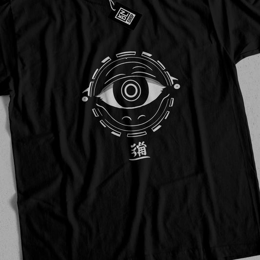 a black t - shirt with an eye on it
