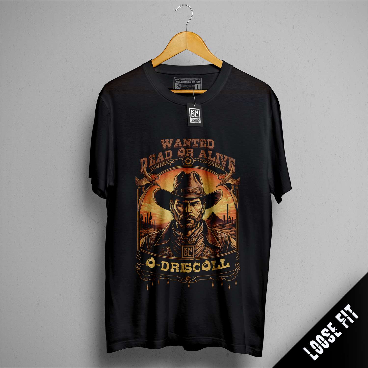 a black shirt with a picture of a cowboy on it