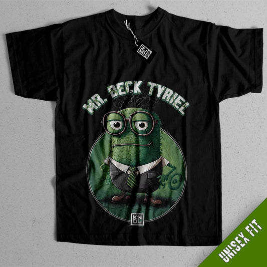 a black t - shirt with an image of a green monster wearing glasses