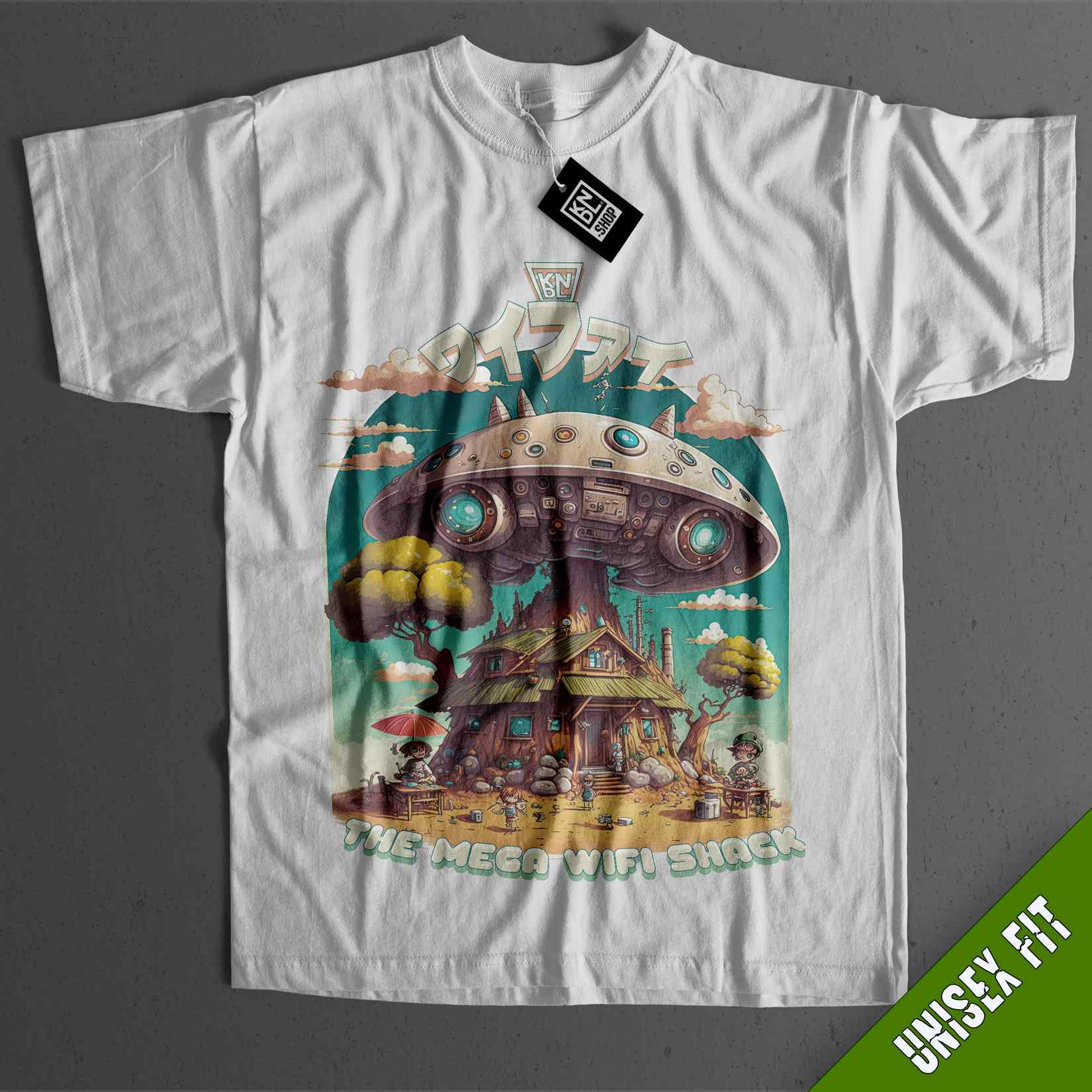 a white t - shirt with a picture of a flying saucer