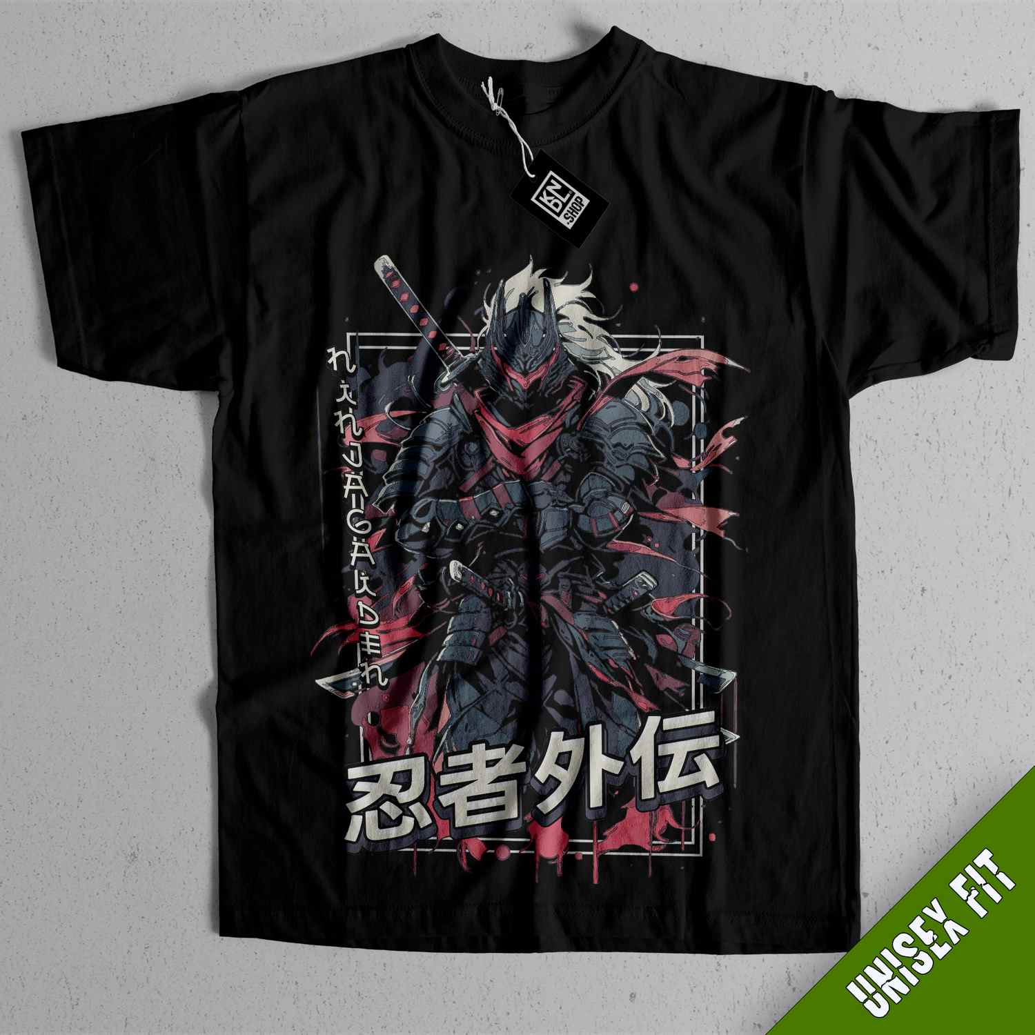 a black t - shirt with a picture of a man holding a sword