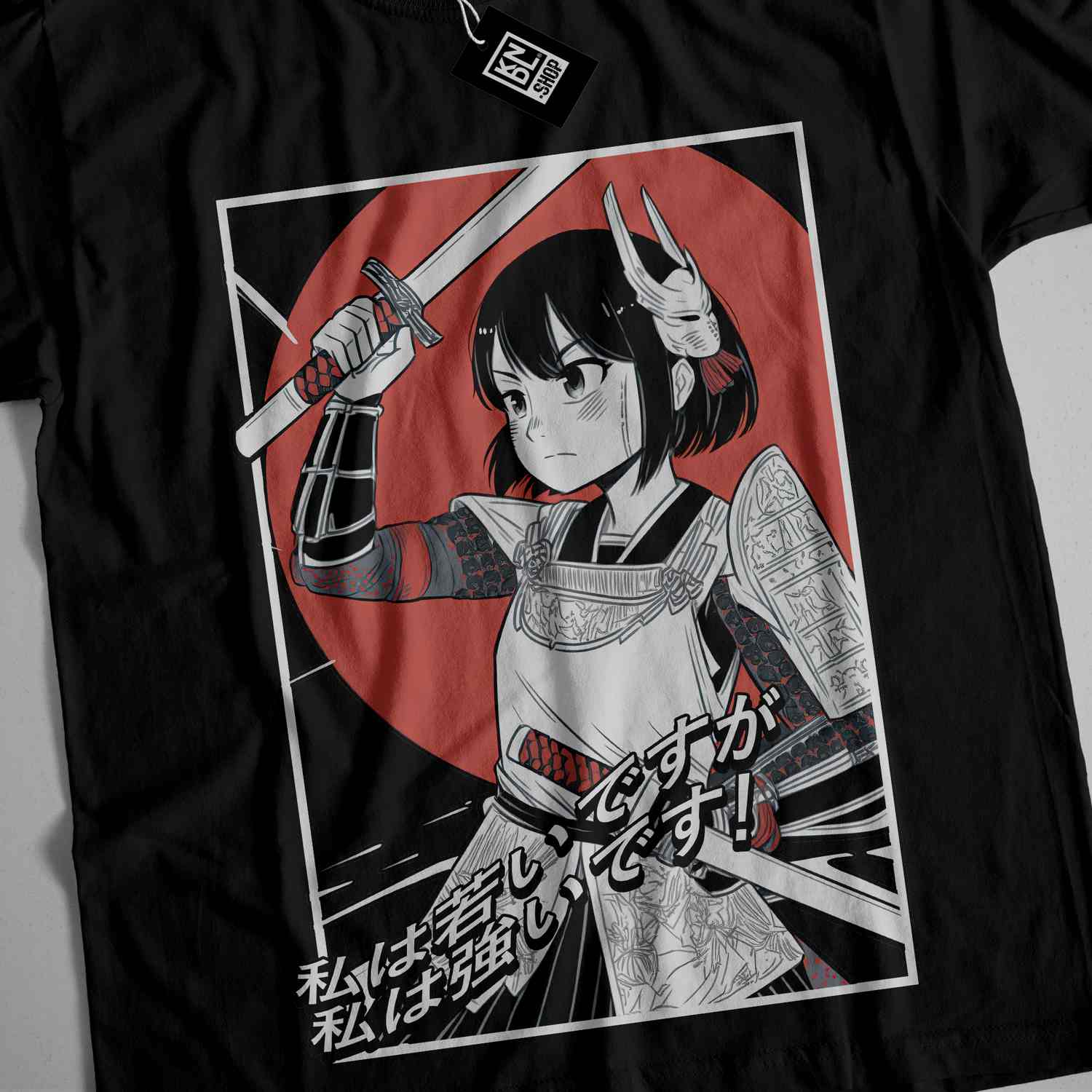 a t - shirt with a picture of a woman holding a sword