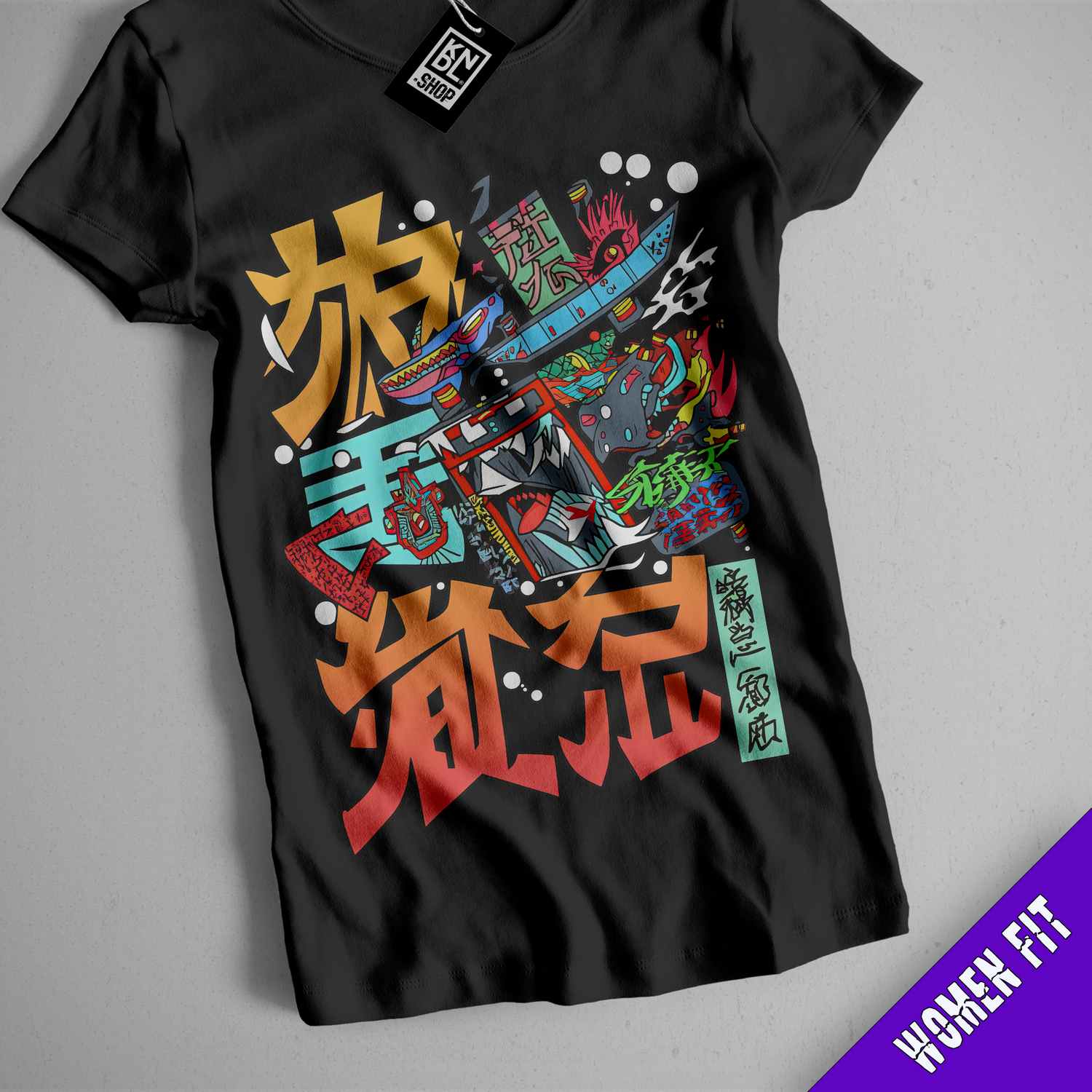 a black tshirt with colorful graffiti on it