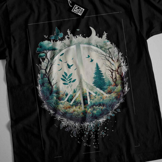 a black t - shirt with a picture of a forest