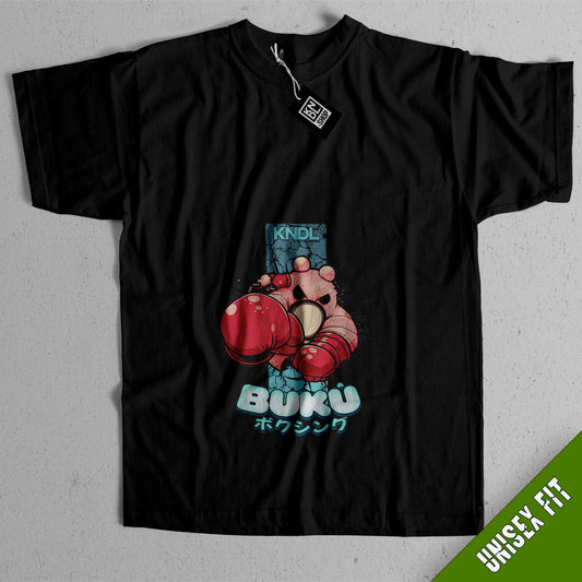 a black tshirt with an image of a man punching a punching glove