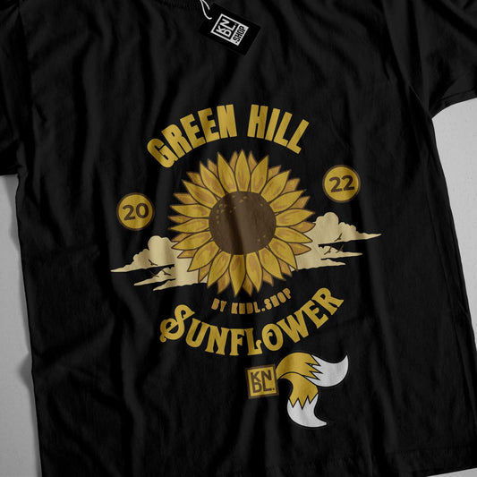 a black t - shirt with a sunflower on it