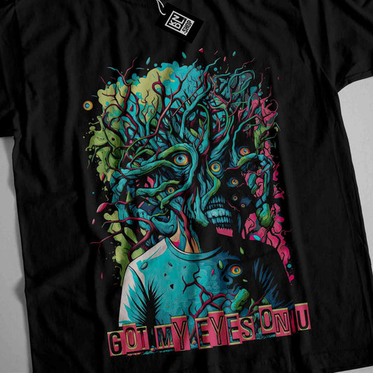 a black t - shirt with a picture of a man with a tree on it