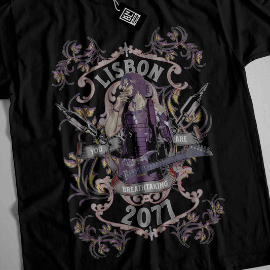 a black t - shirt with an image of a woman holding a guitar