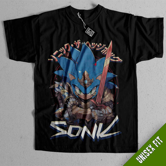 a black shirt with an image of a sonic character holding a sword