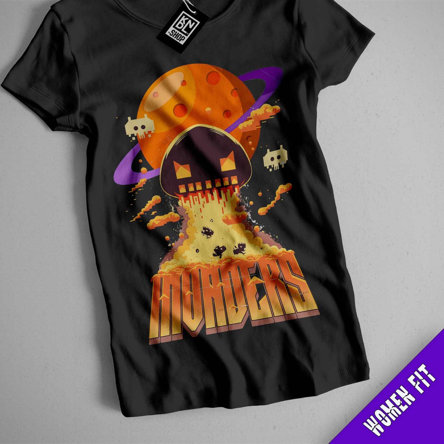 a black t - shirt with an image of a pumpkin on it