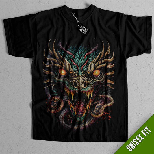 a black t - shirt with an image of a dragon on it