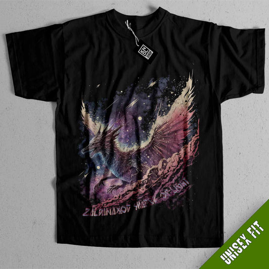 a black t - shirt with an image of a bird flying through the sky