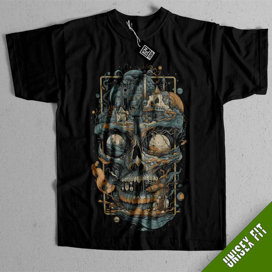 a black t - shirt with a picture of a skull on it