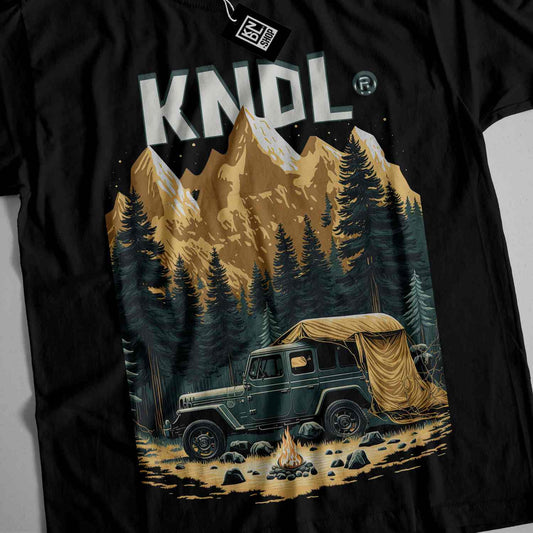 a black t - shirt with an image of a jeep in the mountains
