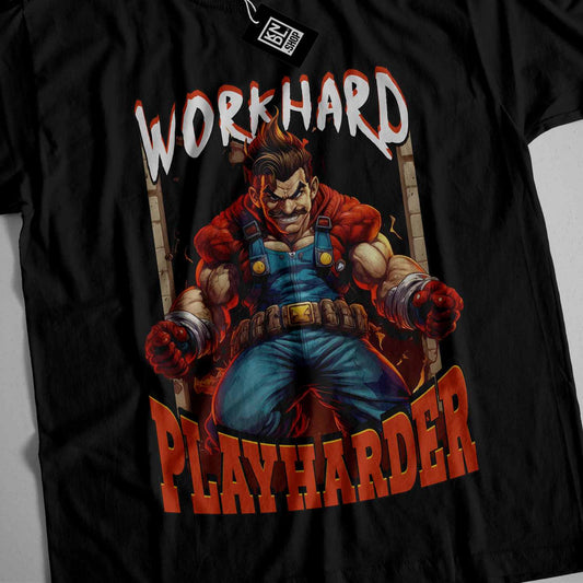 a black shirt with a picture of a man holding a hammer