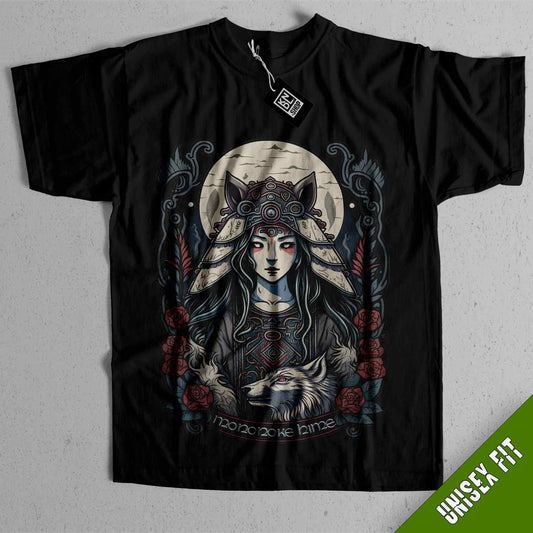 a black t - shirt with an image of a woman and a wolf on it